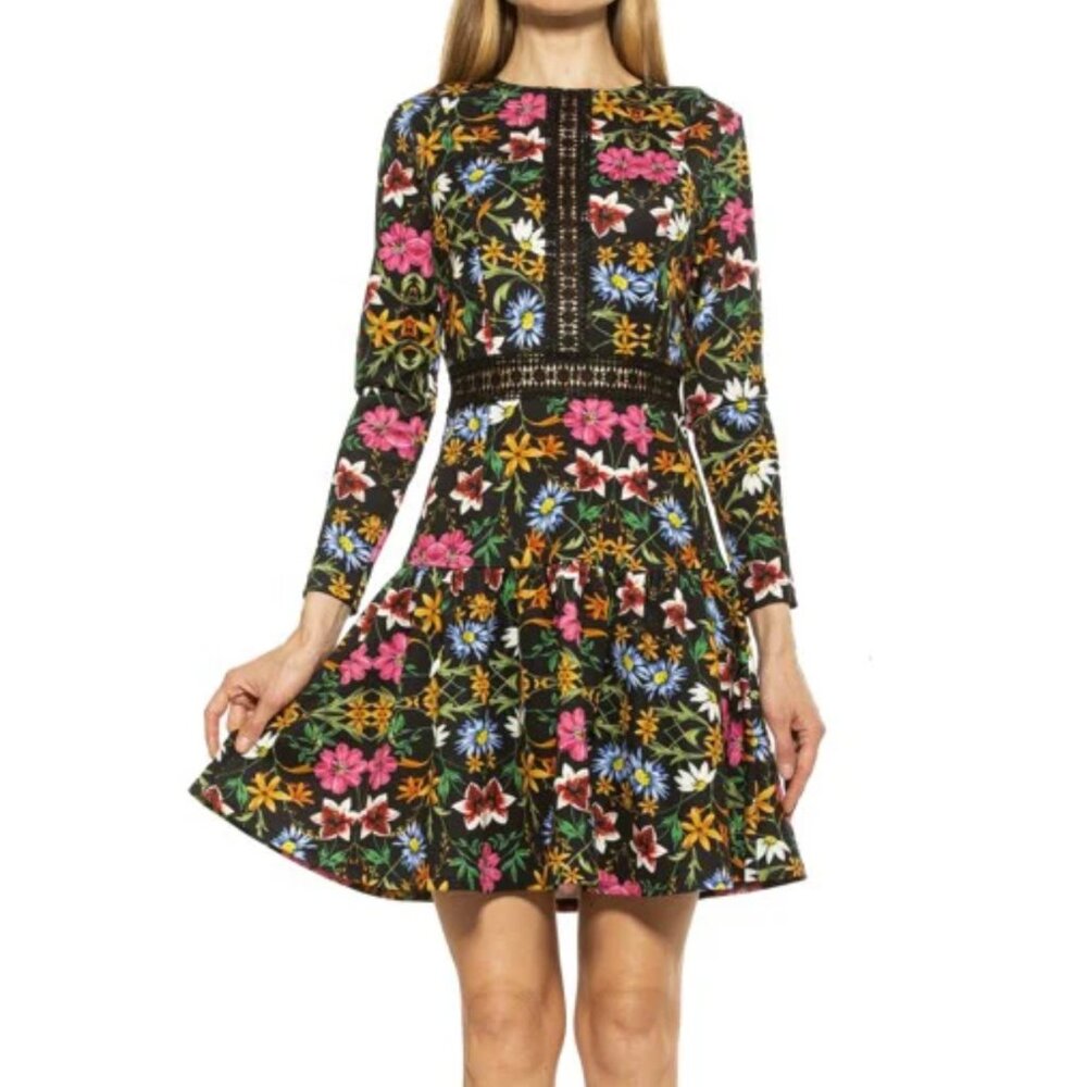 New ALEXIA ADMOR Black Pink Floral Long Sleeve Dress Women's Size 4 Small A-Line